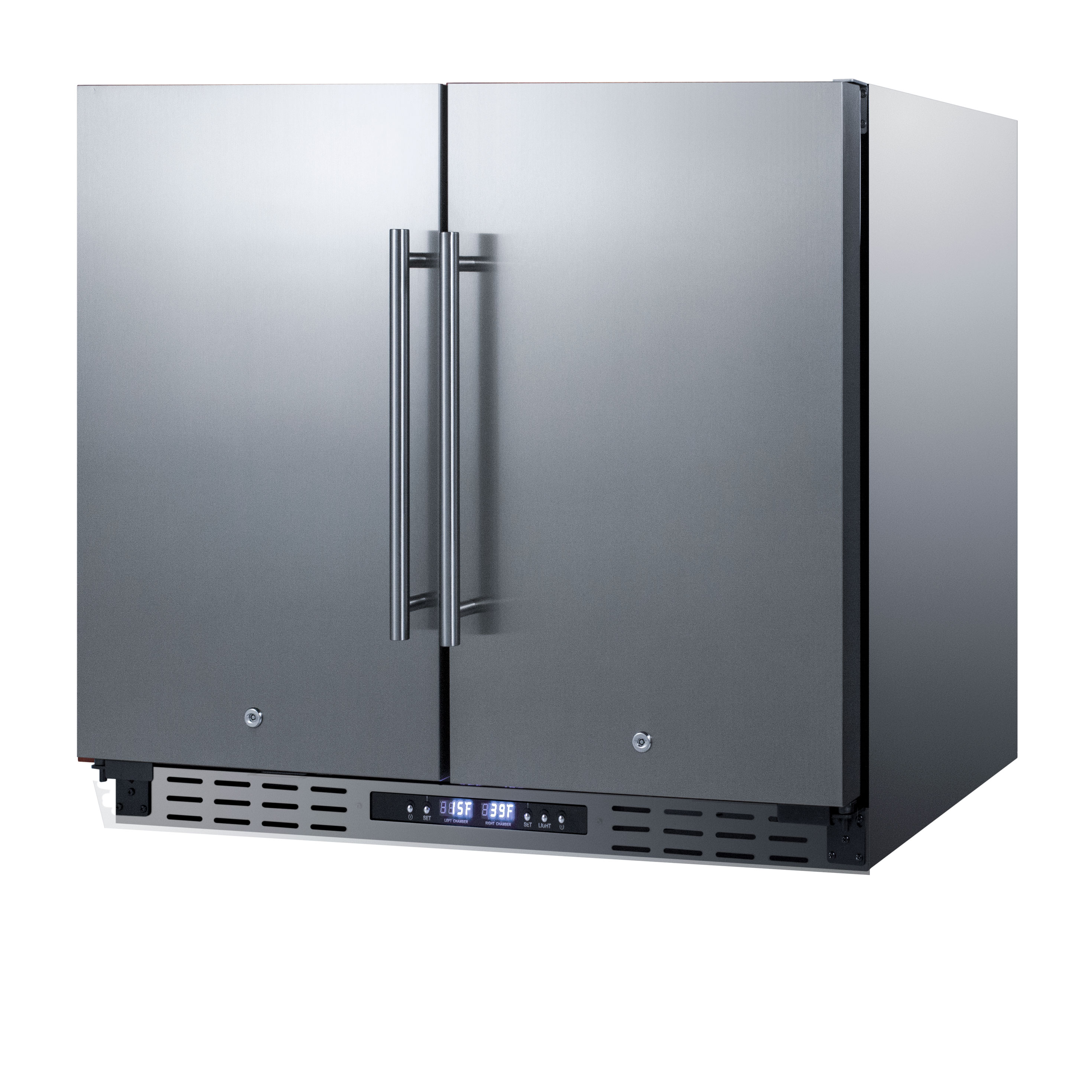 ADA compliant, commercially approved, frost-free, side-by-side refrigerator-freezer for built-in or freestanding use with two stainless steel doors, black cabinet, front-placed digital controls, and front locks